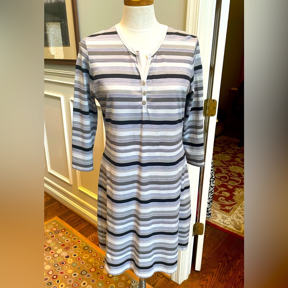 J McLaughlin dress in stripes with henley neckline.